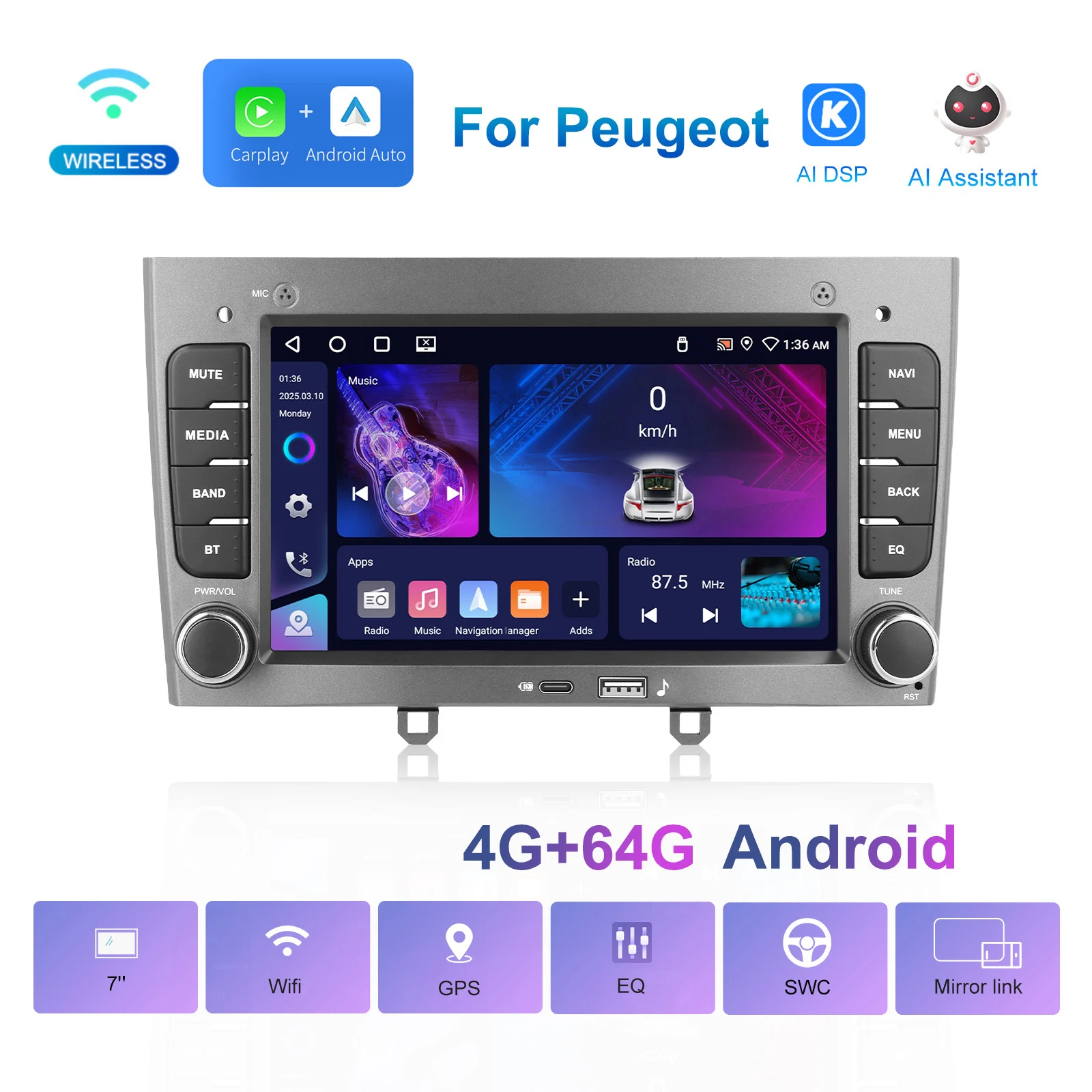 Podofo Drahtlose CarPlay AI Stimme Auto Radio Android Auto DSP GPS Multimedia Player Für Peugeot 308 (T7) /408 FM/RDS EQ BT WIFI Image