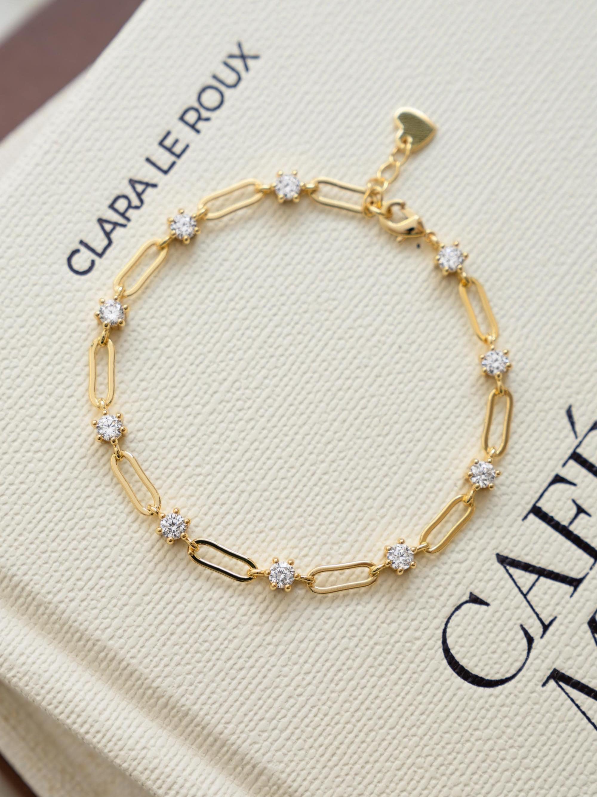 Bracciale con catena a graffetta e maglie di diamanti, bracciale delicato, bracciale a catena, bracciale minimalista impilabile in oro, bracciale in o
