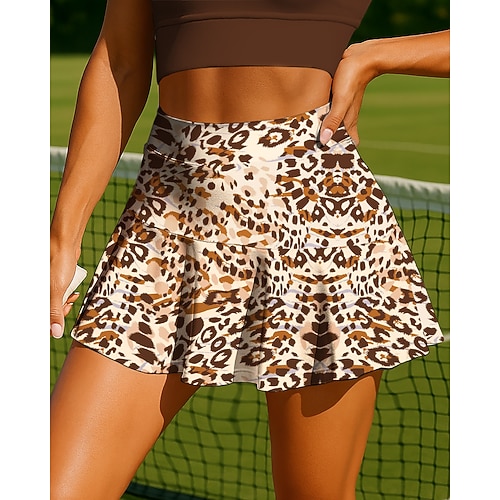 Damen Tiermotiv Leopard Lässiger Rock Tennisröcke Ärmellos Patchwork Tasche 2 in 1 UPF50 UV-beständig Mehrlagig UV Schutz Volleyball Tennis Badminton Shorts Rock Blau und Weiß Waldgrün Leichte Kaffee Image