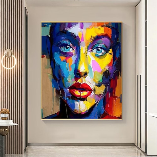 Farbenfrohes Porträt-Ölgemälde, handgemalte Wandkunst, abstraktes Posterbild von Mann und Frau, handgemaltes Heimdekorationsbild in Regenbogenfarben, Gesichtsmalerei, Wali Art Decor Image