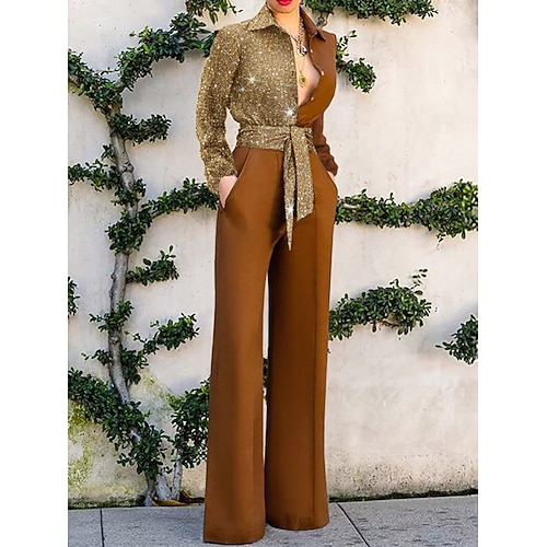 Damen Normal Overall Elegant Einfarbig Langarm Weites Bein Hemdkragen Tasche Hohe Taille Urlaub Täglich Normale Passform Silber Gelb Rote Frühling Image