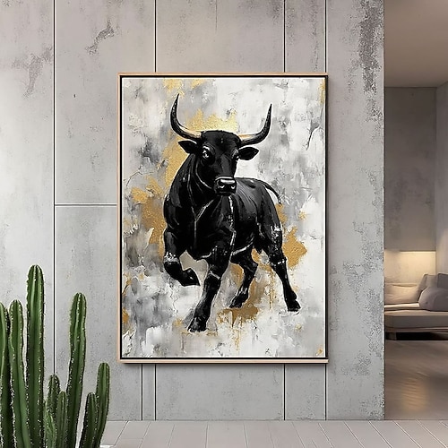 Originales Ölgemälde eines Stiers, handgemaltes abstraktes Wandbild, Stiergemälde auf Leinwand, großes handgemaltes schwarzes Stiergemälde auf Leinwand, abstraktes Stier-Leinwandbild, strukturiertes Image