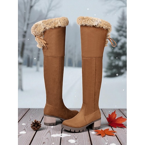 Braune Damen-Overknee-Winterstiefel – mit Kunstfellbesatz, dickem Blockabsatz, kuscheliger Stil für kaltes Wetter, ideal für Partys und Outdoor-Aktivitäten Image