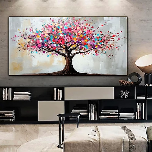 Handgemaltes, farbenfrohes, abstraktes Baumbild auf Leinwand, 3D-strukturierte Baumbilder, handgefertigte Regenbogenblütenbaum-Wandkunst, helles und fröhliches Kunstwerk, große Wohnzimmerdekoration Image