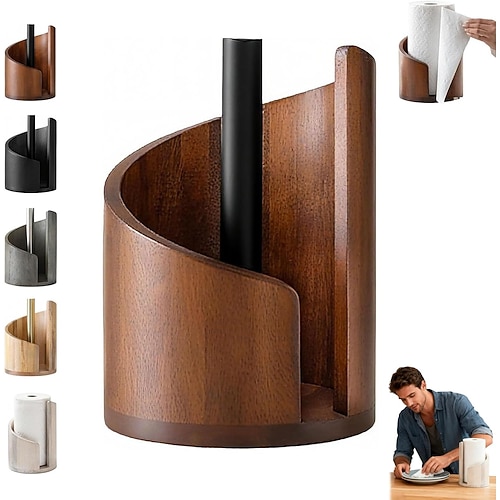 Küchenrollenhalter in Bergform mit rundem Sockel aus Mangoholz und Metallhalterung, dekorativer Aufbewahrungskasten aus Holz und Metall für Badezimmer, spiralförmig gestaltet Image