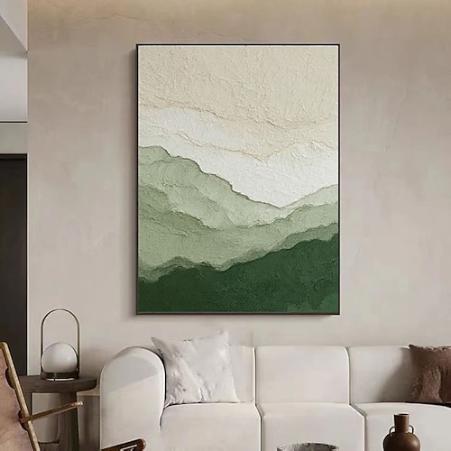 Weihnachtsgeschenk: Handgefertigte abstrakte Gemälde in Grün und Beige, Berglandschaften, grüne Landschaften, Wandkunst, großes minimalistisches Panorama, Tal-Ölgemälde Image