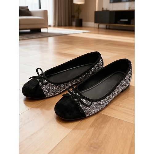 Schwarze Wildleder-Ballerinas für Damen mit Glitzerdetails – elegantes Schleifendesign, perfekt für Abendveranstaltungen, Partys und besondere Anlässe. Image