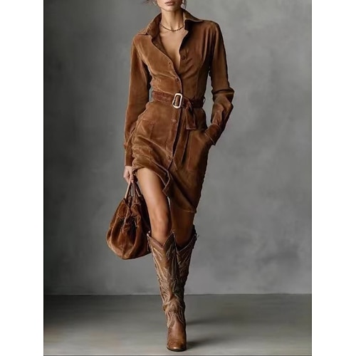 Damen Minikleid Etui-Kleid Lässig Boho Täglich Ferien Ausgehen Einfach Langarm Revers Leicht Braun Braun Image
