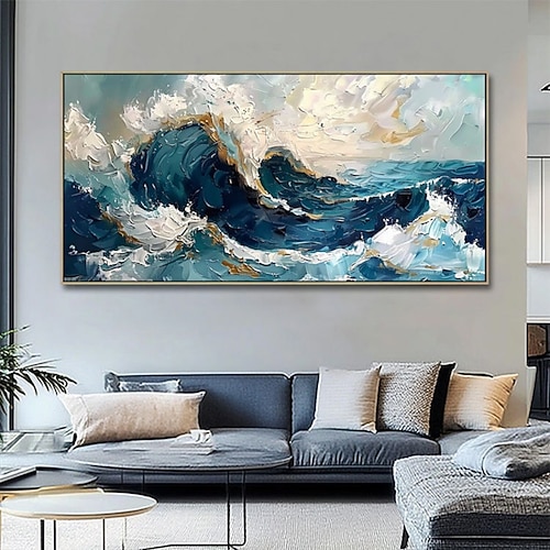 Handgemaltes Ölgemälde auf Leinwand, moderne abstrakte Wanddekoration, mit dem Spachtel gezeichnete blaue Meereswellenlandschaft, gerollt, rahmenlos, ungespannt, ungerahmt Image