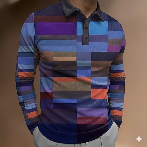 Herren Farbblock Abstrakt Polo Langarm Polo-Shirts Revers Lässig Outdoor Straße Athleisure Alltagskleidung 3D-Druck Knöpfe Frühling Herbst Winter Blau Purpur Grün Image