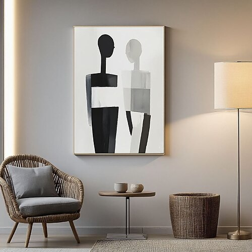 handbemalt schwarz abstraktes, figuratives Ölgemälde in Weiß, originelles minimalistisches Linienpaar-Wandbild auf Leinwand, moderne Wohnzimmerdekoration, Geschenk Image