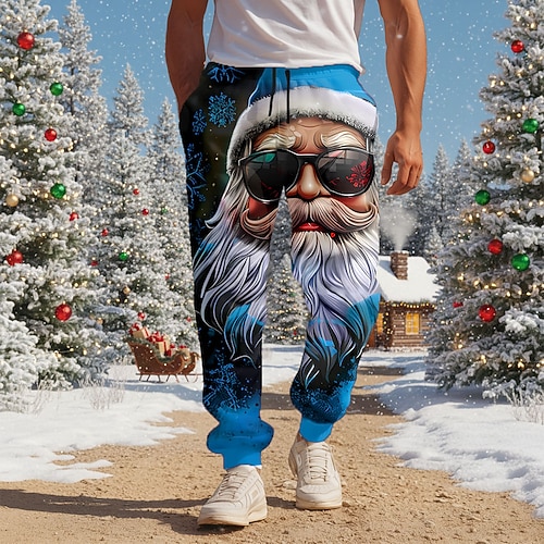 Weihnachten Herren Weihnachtsmann lustige weihnachten Jogginghose Hose Mittlere Taille Kordelzug Elastischer Bund Lässig Outdoor Ferien Sportliche Jogginghose mit Taschen Herbst Winter 3D-Druck Blau Image