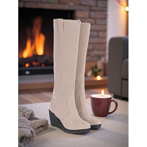 Keilstiefel für Damen mit Kunstfellfutter – stylische Wildlederstiefel bis zum Knie für Winter und Freizeit Image