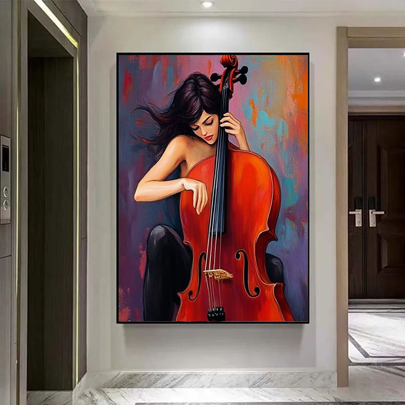 Handmade paino oil painting handmade Woman Playing Cello Canvas Painting Elegant Music art work paintings Wall Art Abstract Female Musician Decor Living Room Decor Art Gift Idea