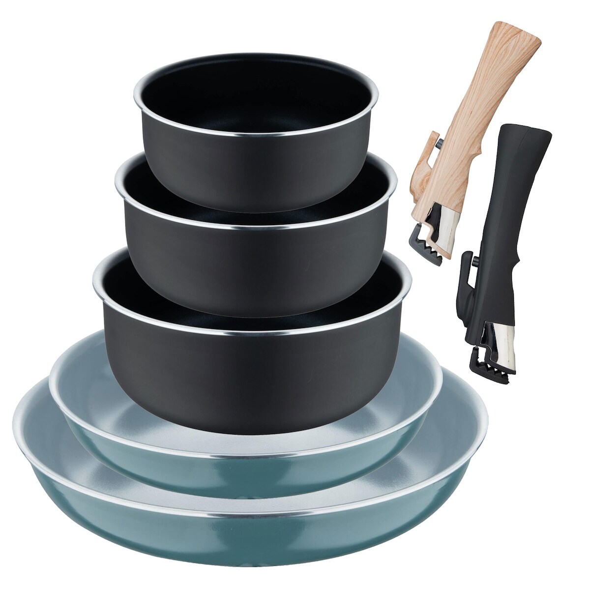 BERGNER Click&Cook - Set 2 Bratpfannen Ø24/28cm in Grün und 3 Stielkasserollen Ø16/18/20cm aus gepresstem Aluminium mit abnehmbaren Griffen Image