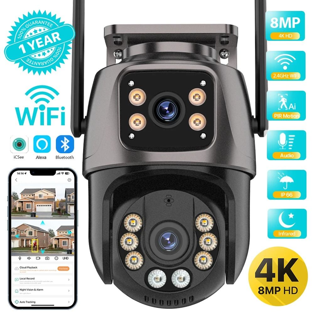 4K HD Dual Lens WiFi Security Camera With Auto Tracking And Night Vision 4mp No Sd Card us Plug
