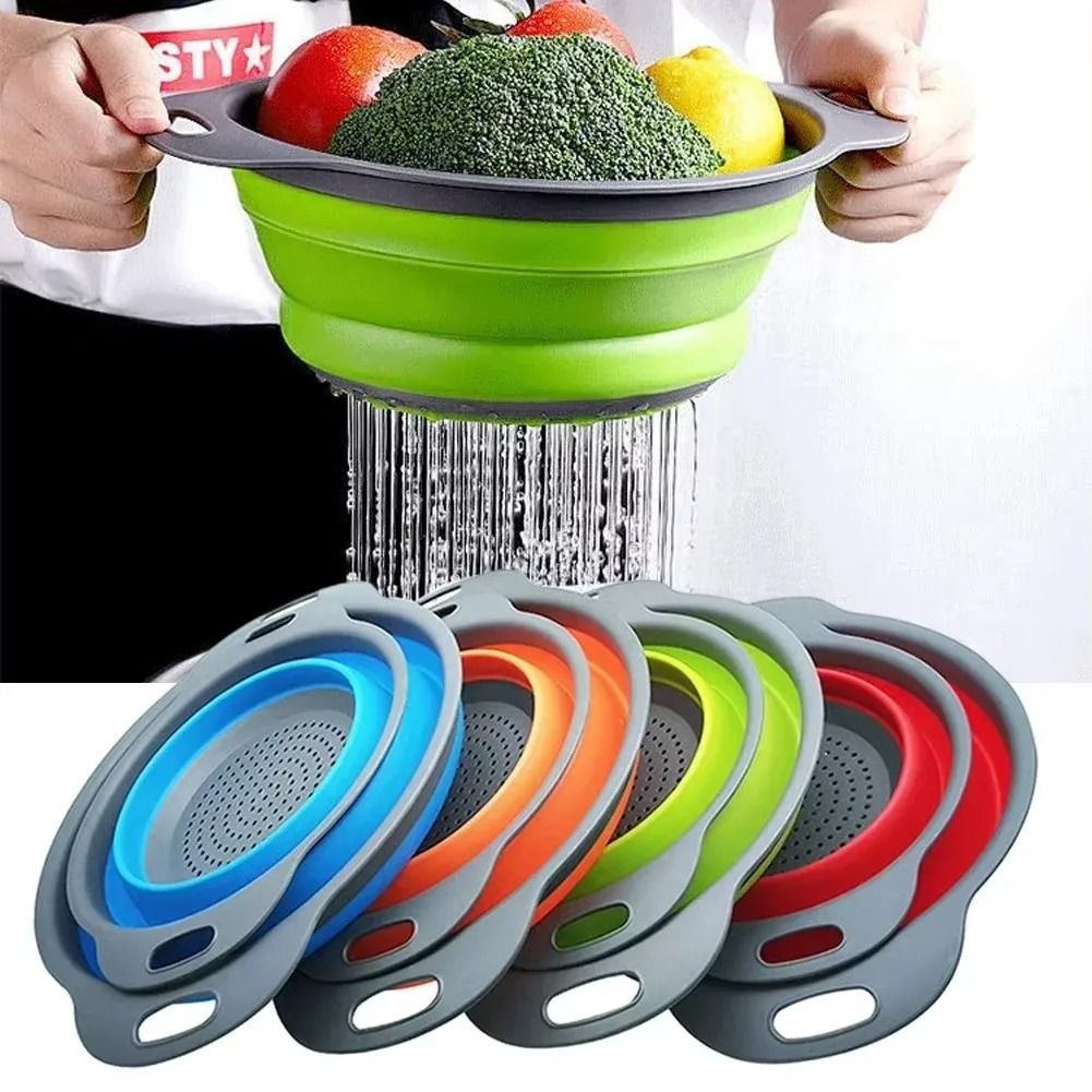 Silicone Folding Drain Basket Fruit Vegetable Washing Basket Collapsible Drainer Kitchen Storage Tool s blue