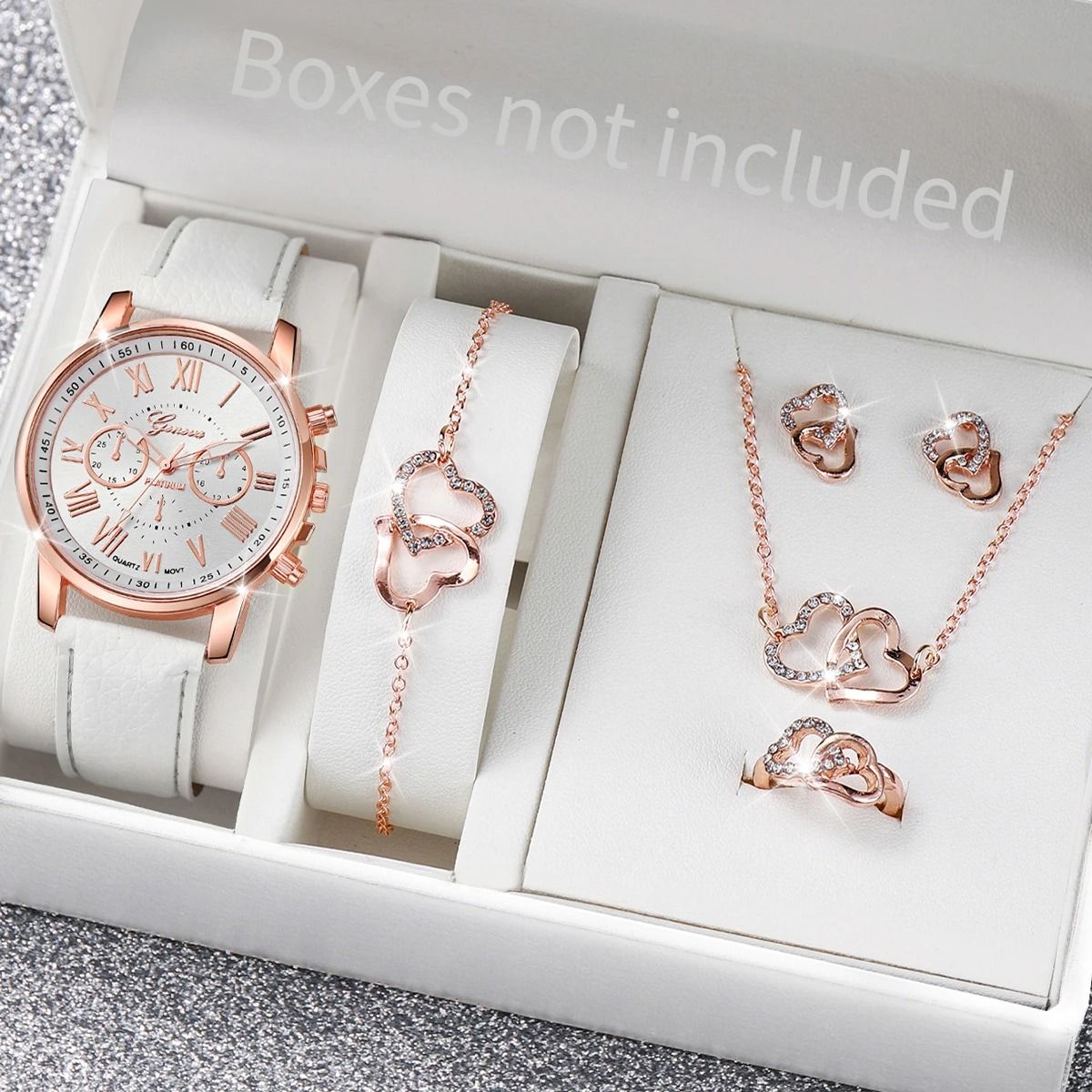 Women Luxury Watch And Jewelry Set Roma Dial Leather Band Quartz white F No Box
