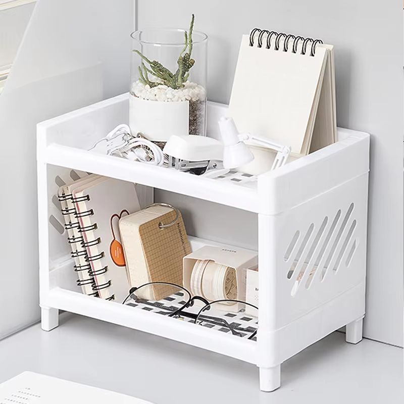 PP Desktop Double Layer Storage Rack Rectangular White Organizer PP Desktop Double Layer Storage Rack Rectangular White Organizer