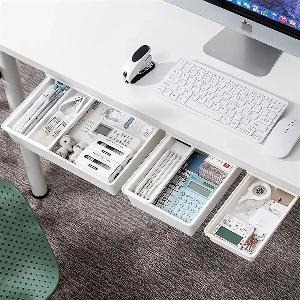 Hidden Storage Box Desk Storage Drawer Self Adhesive Plastic Table Organizer white 3 Pcs