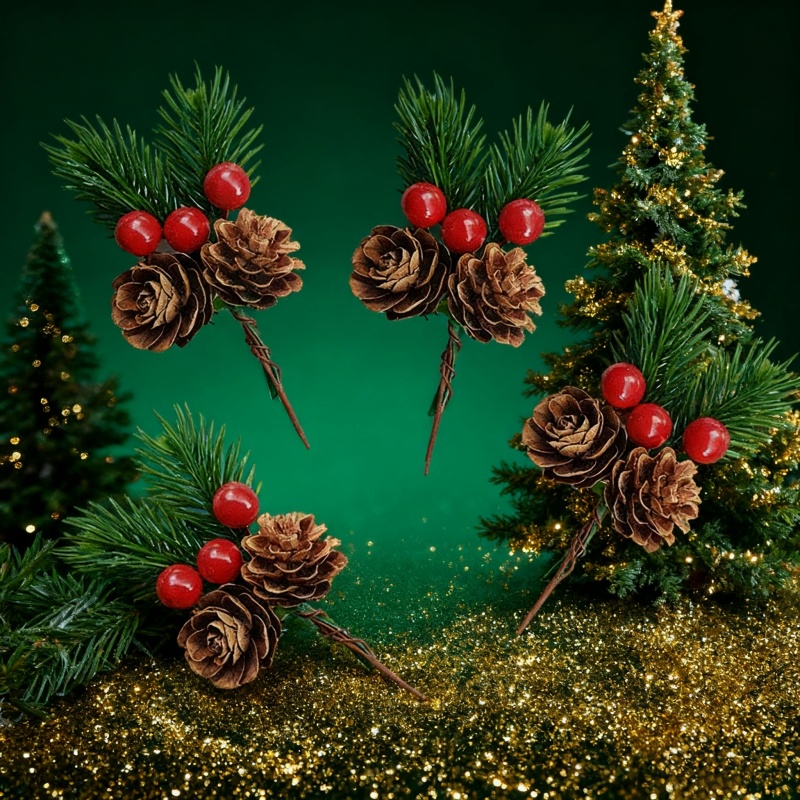Simulation Flower Pine Tree, Christmas Pine Needle Box, Branches With Pine Cones, Packaging Gift Decor single Fruit 10pcs