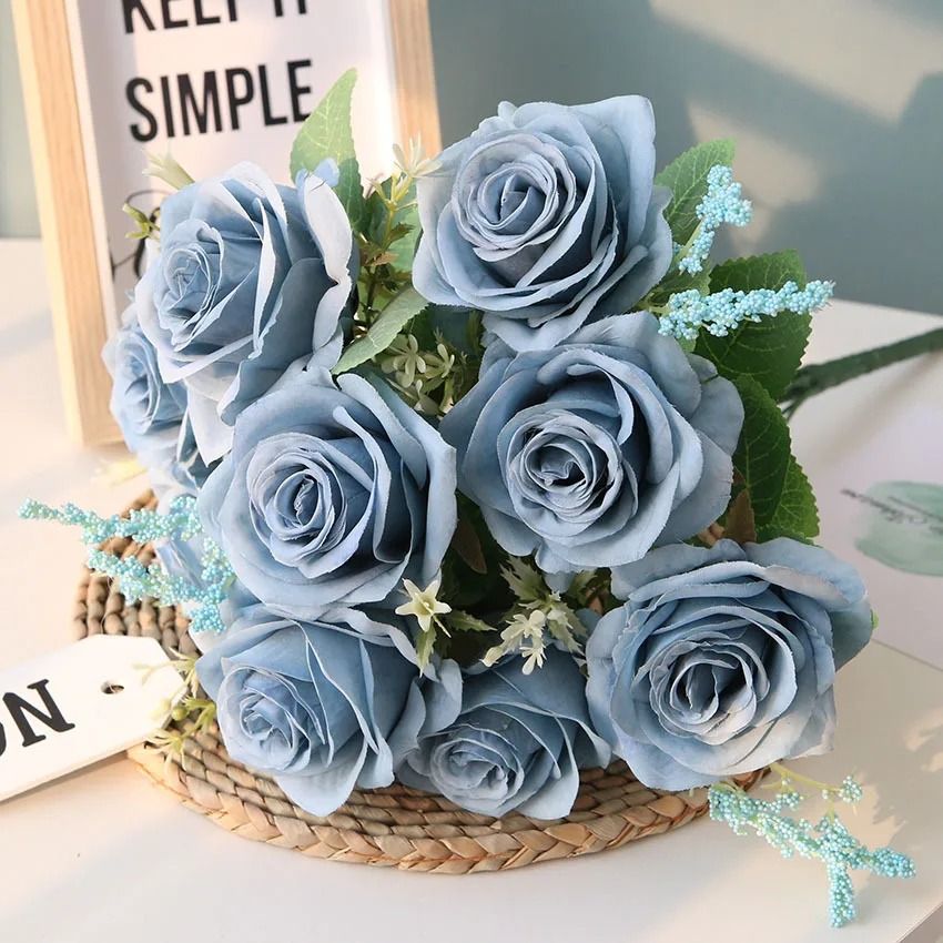 12 Piece Artificial Blue Silk Rose Bouquet Home Garden Wedding Decoration light Pink