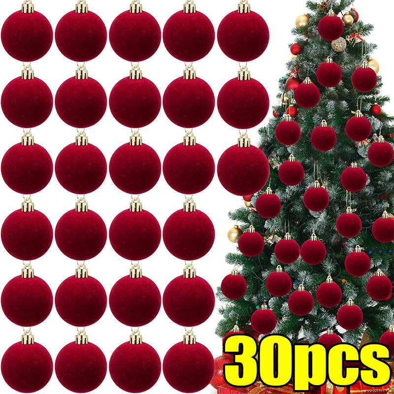 Velvet Christmas Balls Wine Red, Flocked Xmas Tree Pendents, Elegant Navidad Festival Ornaments, Party And Home Decor red 3pcs