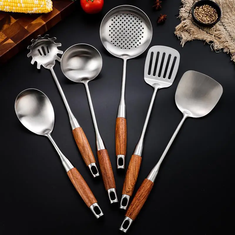 Manche en palissandre ensemble d'ustensiles de cuisine en acier inoxydable cuisine Wok Durable spatule passoire pelle ustensile de cuisine accessoires d'ustensiles de cuisine
