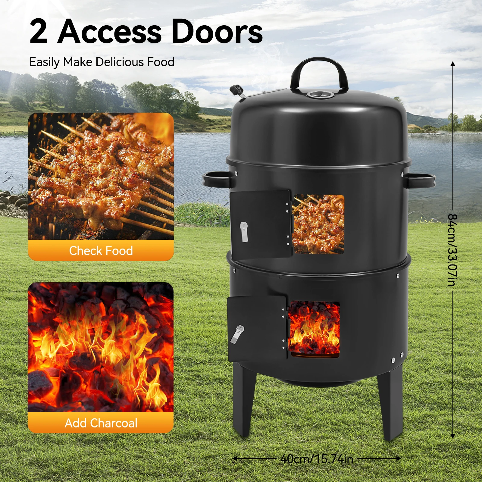 40 cm 3-en-1 fumé gril four à brûlure fer Barbecue Grill 2 couches Barbecue pour utilisation intérieure et extérieure fumeur gril Barbecue four