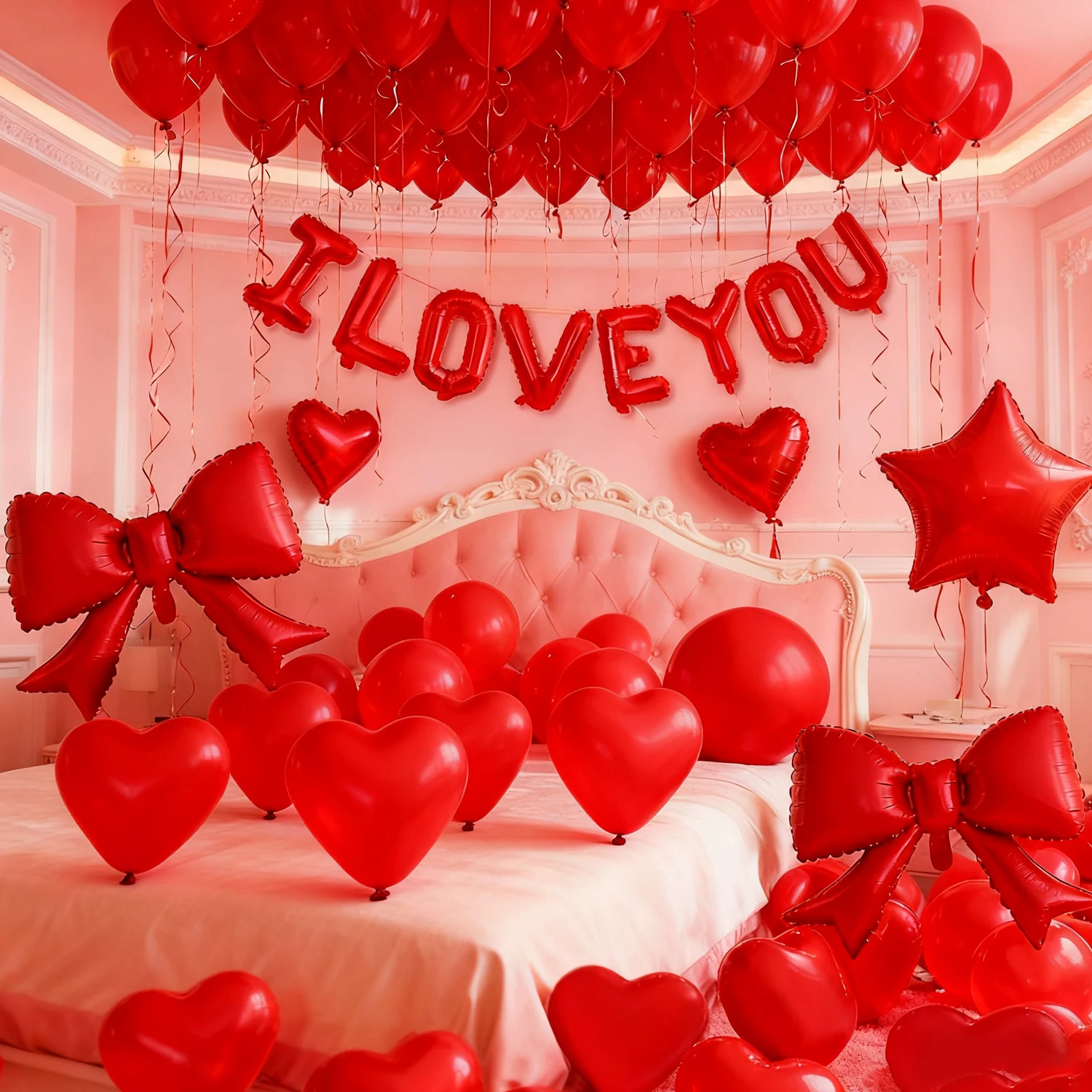 Rotes Ballon-Set „I LOVE YOU“ mit roter Schleife, Stern, Aluminiumfolie, Ballon, Valentinstag, Hochzeit, Jahrestag, Geburtstag, Party-Dekoration Image