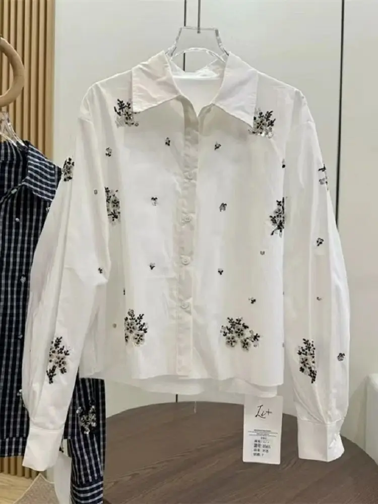 Sequins Embroidery Cotton Shirts Blouses Women's Long Sleeve Loose Casual Elegant Tops Femme Clothing Korean Popular Clothes