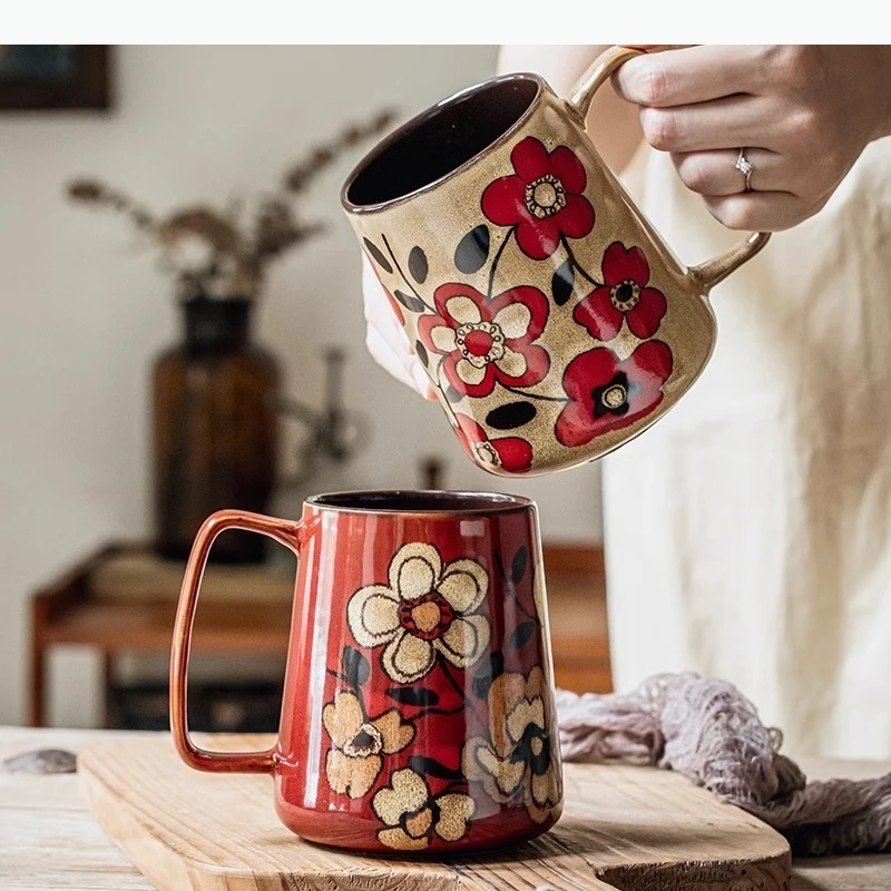 Handgezeichnete Blumen-Keramikbecher, 700 ml, großes Fassungsvermögen, Wasser, Kaffee, Tee, Getränkebecher, Heimspezialität, Trinkutensilien Image