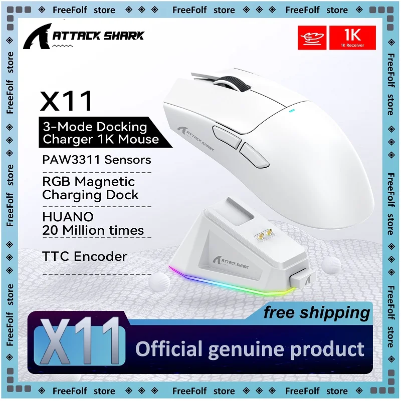 Attack Shark X11 Kabellose Gaming-Maus: 3-Modus (2,4 GHz/kabelgebunden/Bluetooth), PAW3311, 22000 DPI, 400 IPS, PC-Gaming-Maus Image