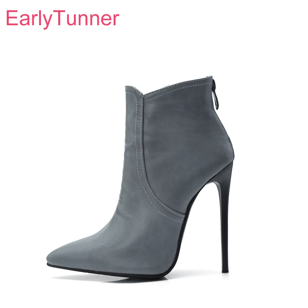 Winter Neue Sexy Grau Schwarz Frauen Stiefeletten Spitz Super Hohe Stiletto Heels Dame Party Schuhe Plus Große Größe 10 43 45 48
