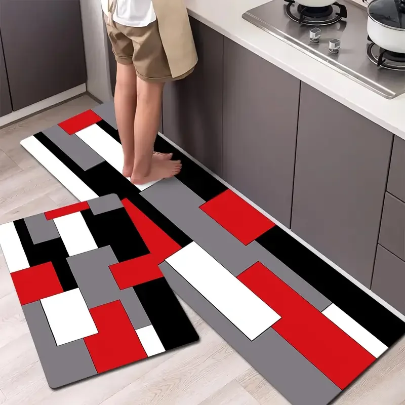 Red Black White Geometric Color Blocks Kitchen Mat Living Room Entrance Door Mat Bath Balcony Hallway Laundry Non-slip Floor Mat