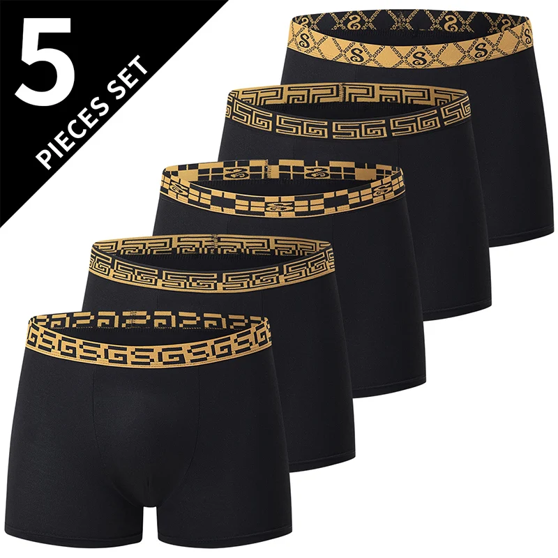 5-teiliges Set aus schwarzen klassischen Herren-Unterwäsche mit elastischer Taille, schnell trocknend, bequem, sportlich, Jugendtrend, flache Eckhose Image
