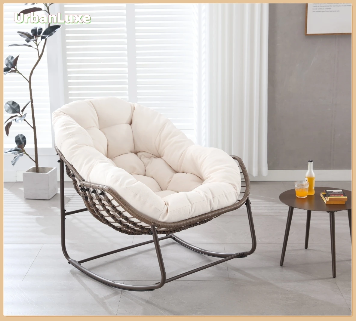 UrbanLuxe Schaukelstuhl Outdoor, mit gepolsterter Rückenlehne, Wohnzimmerstuhl, Loungesessel, Schaukelstuhl, Rattan, Weiß Image