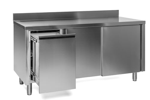 VM Europa Edelstahl Arbeitsschrank mit Abfallbehälter links, mit Zwischenboden - alle Größen montiert: 180 x 60 cm / mit Aufkantung / fertig montiert Image