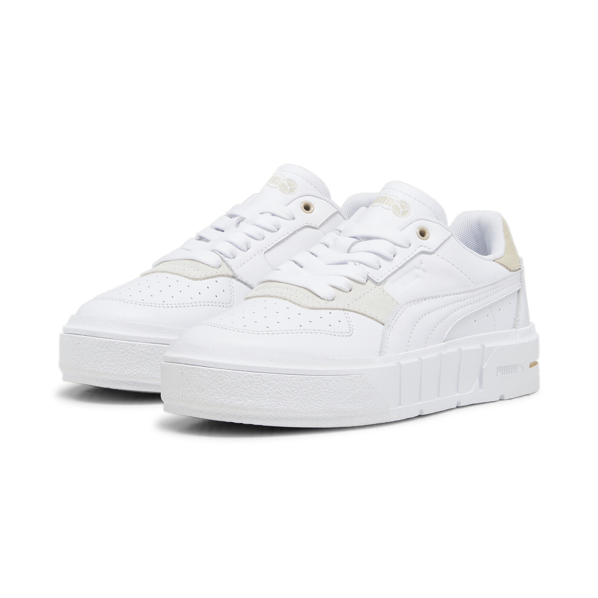 Sneaker PUMA "Cali Court Match Sneakers Damen", Damen, Gr. 36, weiß granola beige, Obermaterial: Kuhleder, Synthetik; Futter: Textil; Innensohle: Textil; Laufsohle: Gummi, Schuhe Sneaker