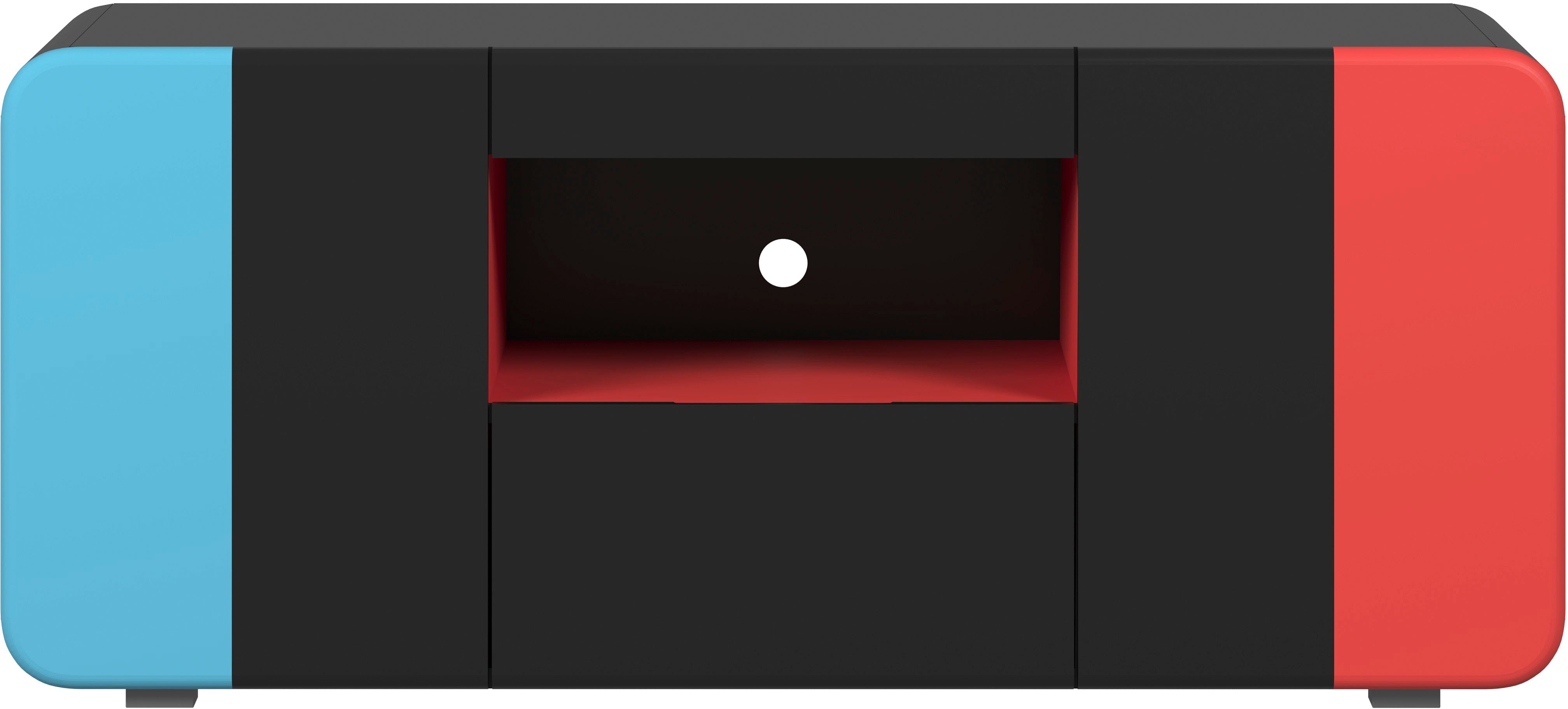 Lowboard INOSIGN "NextLevel speziell geeignet für Spielekonsolen", schwarz, rot, blau lack, B:115cm H:49cm T:42cm, Holzwerkstoff, Sideboards, Lowboard, Gaming-Lowboard wahlweise mit Beleuchtung - (B/T/H) 115/42/49 cm