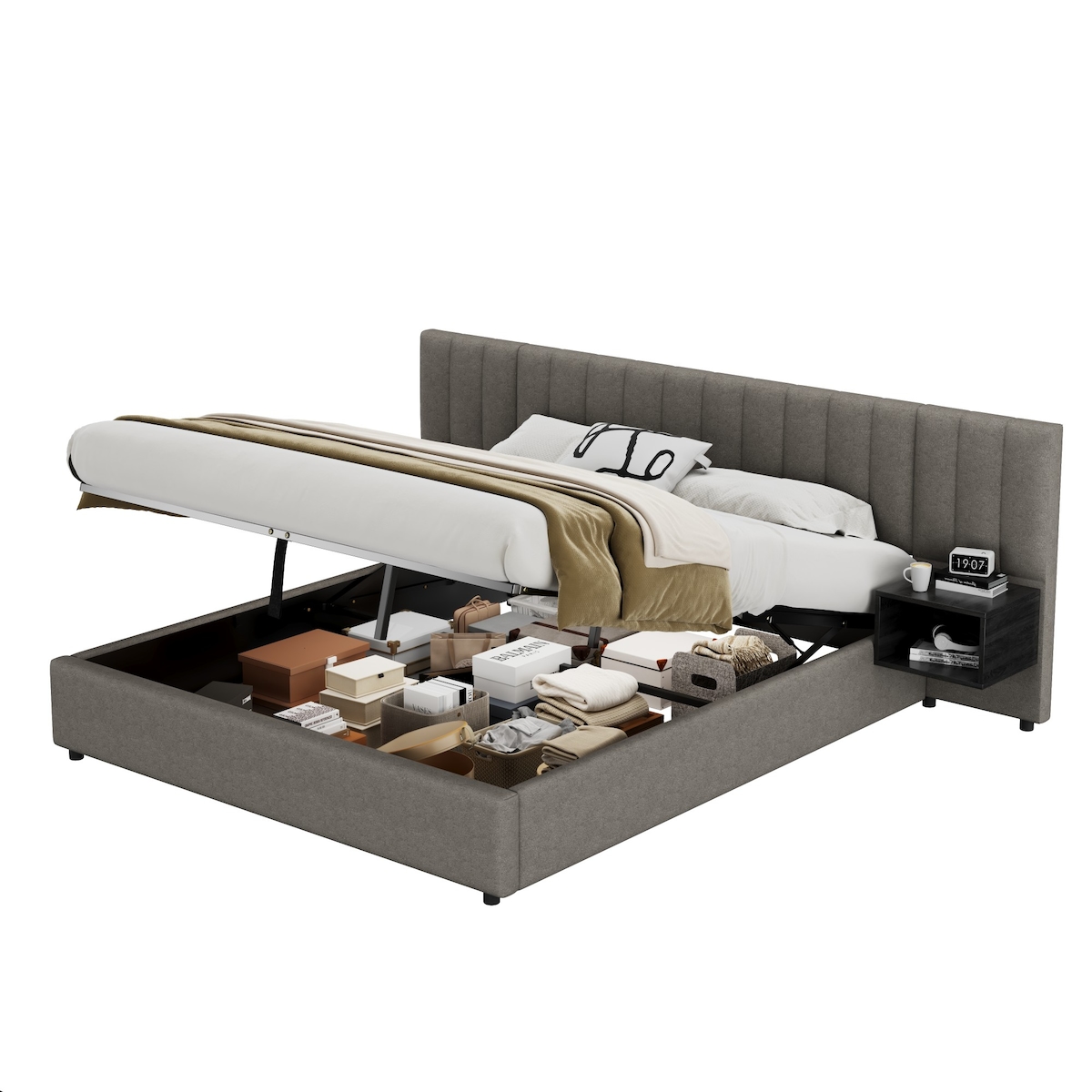 STILVORA Polsterbett mit hydraulischem Stauraum und Nachttischen, modernes Bettgestell mit Lattenrost, Komfort Kopfteil 200x180 Grau Schwarz Image