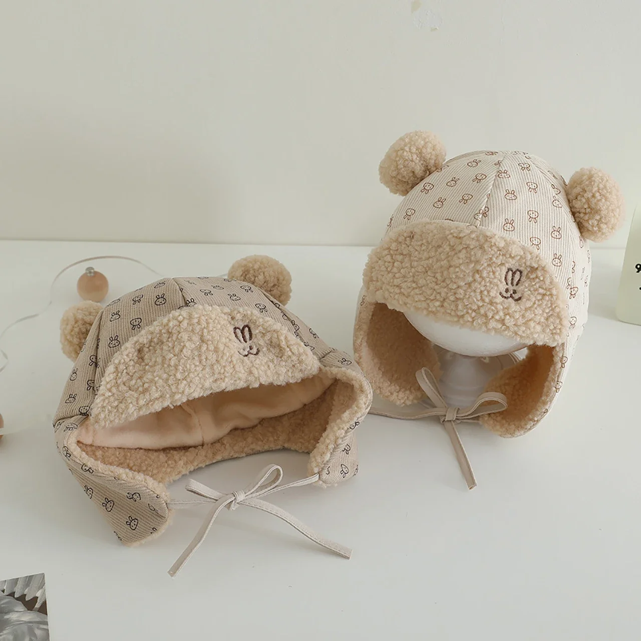 Winter Warme Baby Hut Niedlichen Cartoon Kaninchen Baby Jungen Mädchen Ohr Schutz Kappe Outdoor Winddicht Schnürung Kappe Kinder Ohrenschützer Beanie Image
