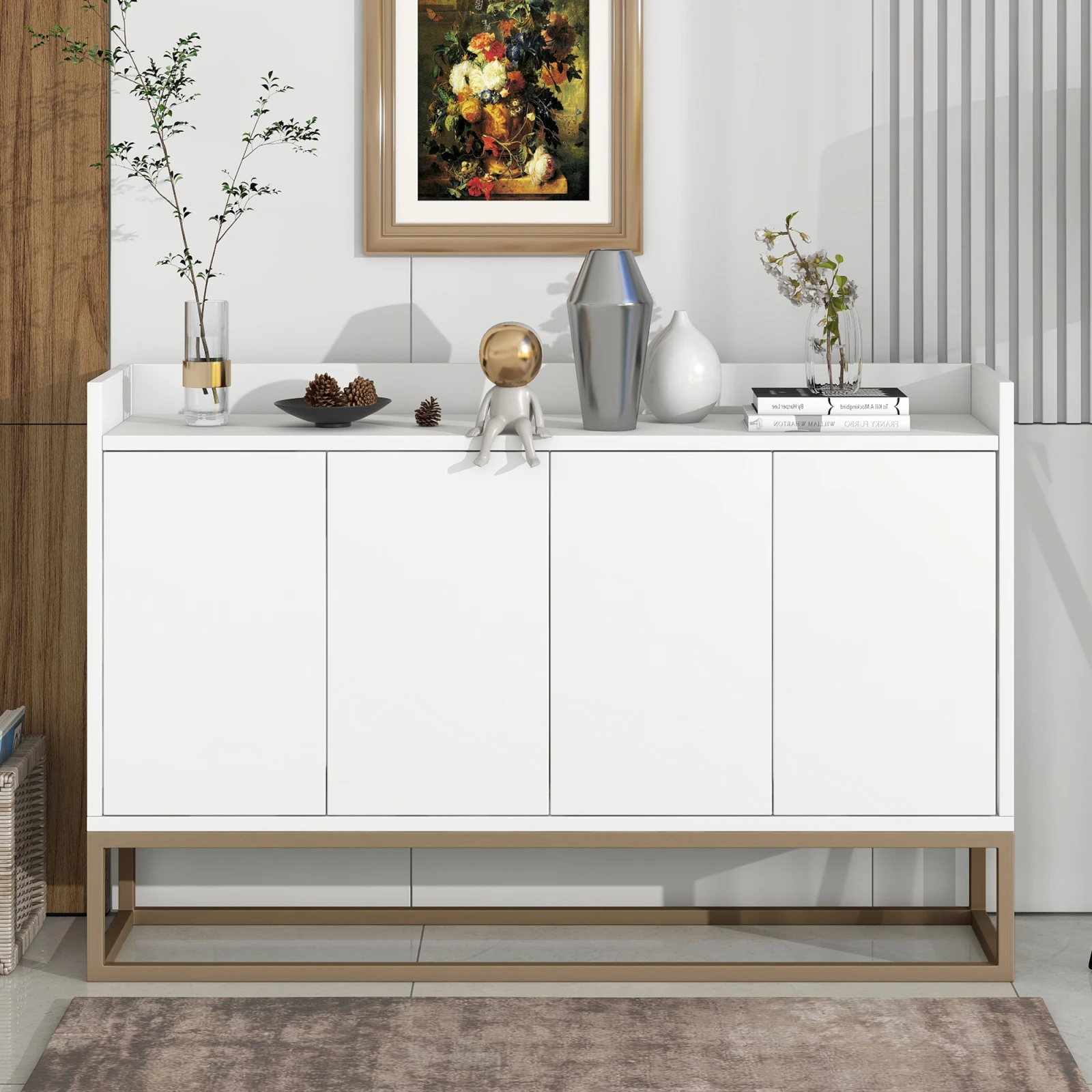 Rosahqnda Modernes, minimalistisches Sideboard mit 4 Türen, Lagerschränke, Schließfächer, griffloses Buffetschrank für Esszimmer