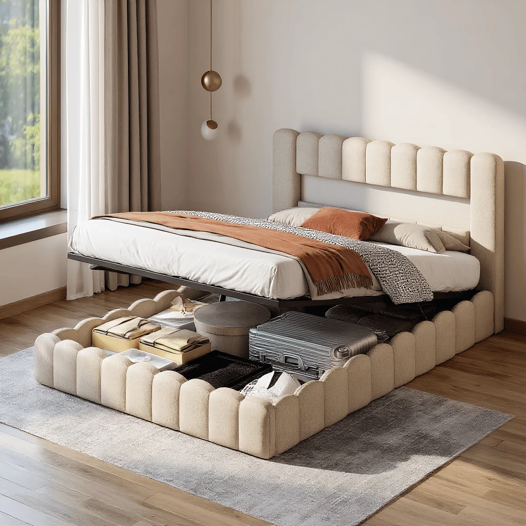 Beiges Leinen-Doppelbett mit Polsterrahmen, LED-Stil, Anschluss und hydraulischem Stauraum, ohne Matratze Image