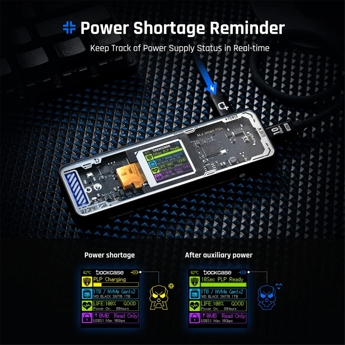 A97ZZ Smart 2280 M.2 NVMe SSD-Gehäuse Cyber Design Explorer Edition mit LCD-Display, max. 10 GB/s Typ C, Schwarz Image