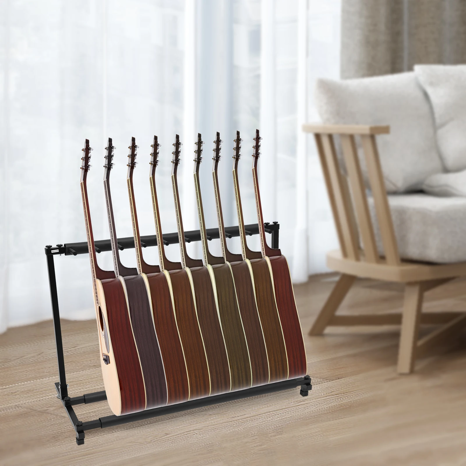 Freistehender Gitarrenständer für 9-Gitarren, Eisenkonstruktion mit verstellbaren Fußpolstern und schützende Schwammhüllen für sicheres Arbeiten