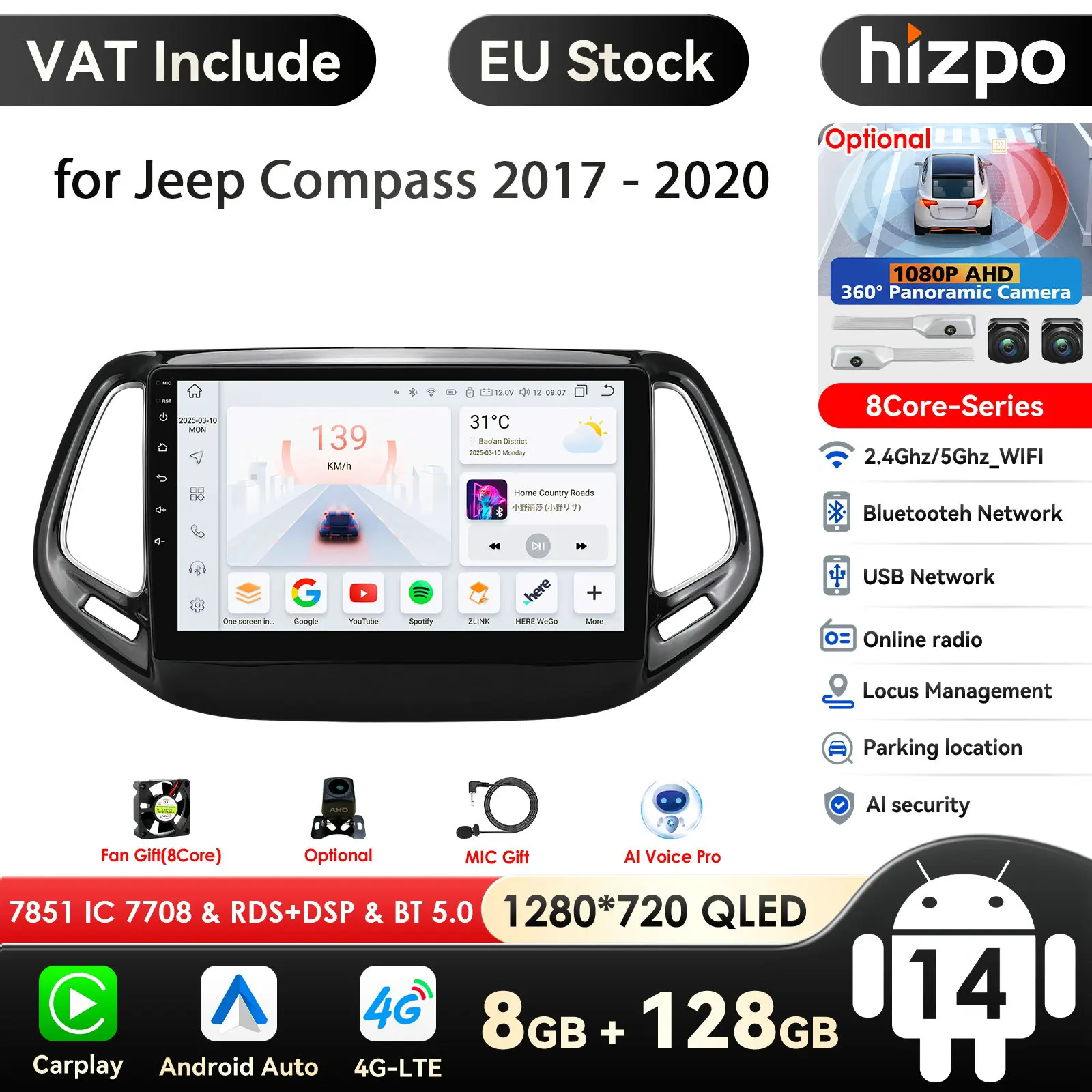 Hizpo Auto Android 14 für Jeep Compass 2017-2020 Auto Radio Multimedia Player GPS Navigation Carplay Stereo 4G BT Keine 2din DVD AI