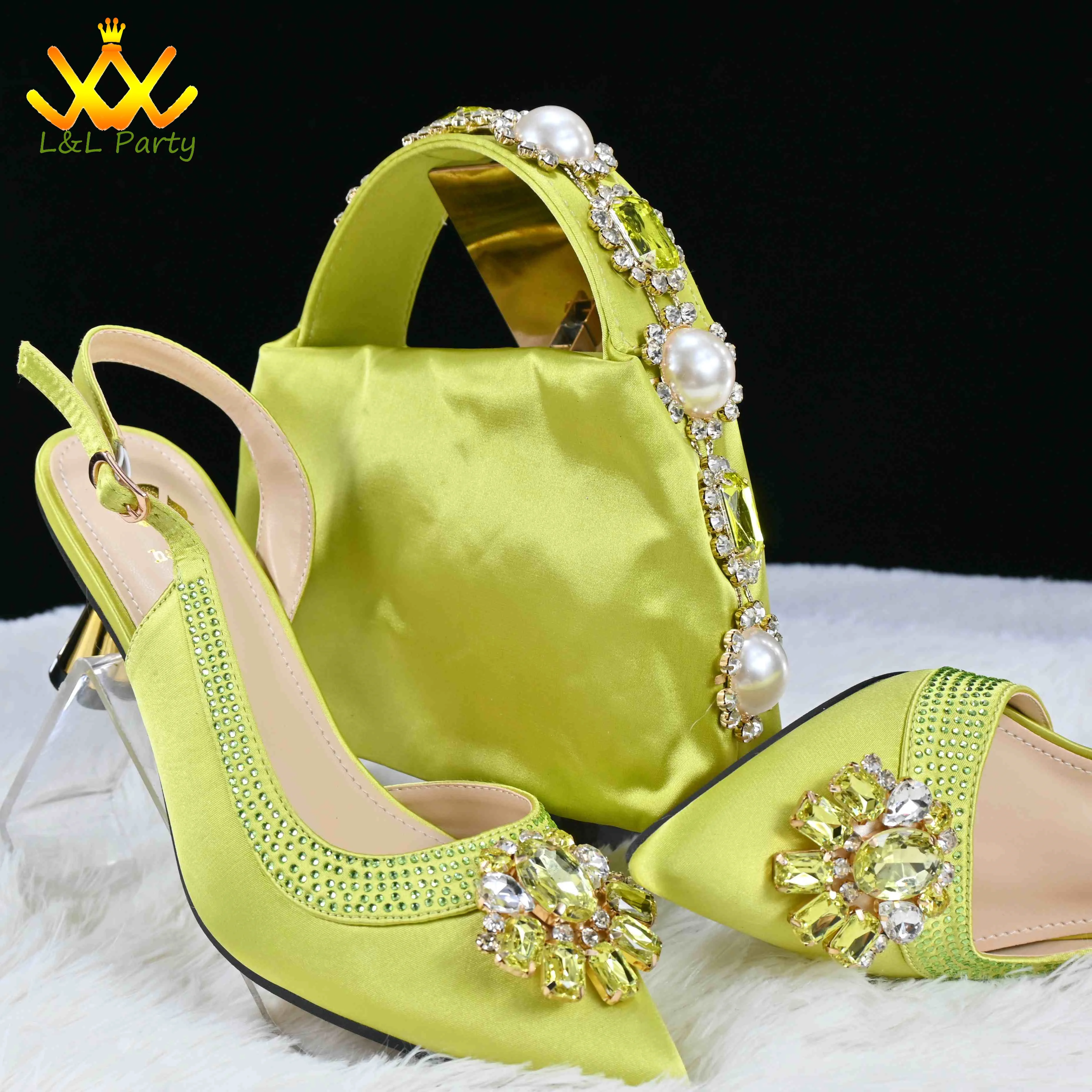 Shinning Crystal Neuheiten Bequeme mittelhohe Zitronengrüne Farbe Winter Neueste afrikanische Schuhe und Taschenset für Party