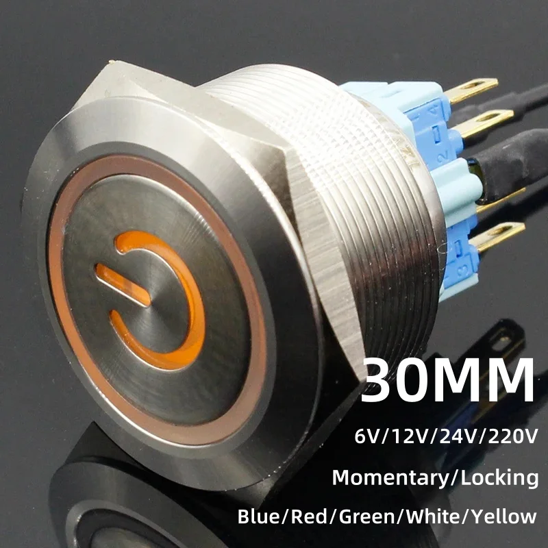 1pc 30mm PC Power Symbol Metall Edelstahl Wasserdicht Momentary/Locking LED Push Button Schalter Image