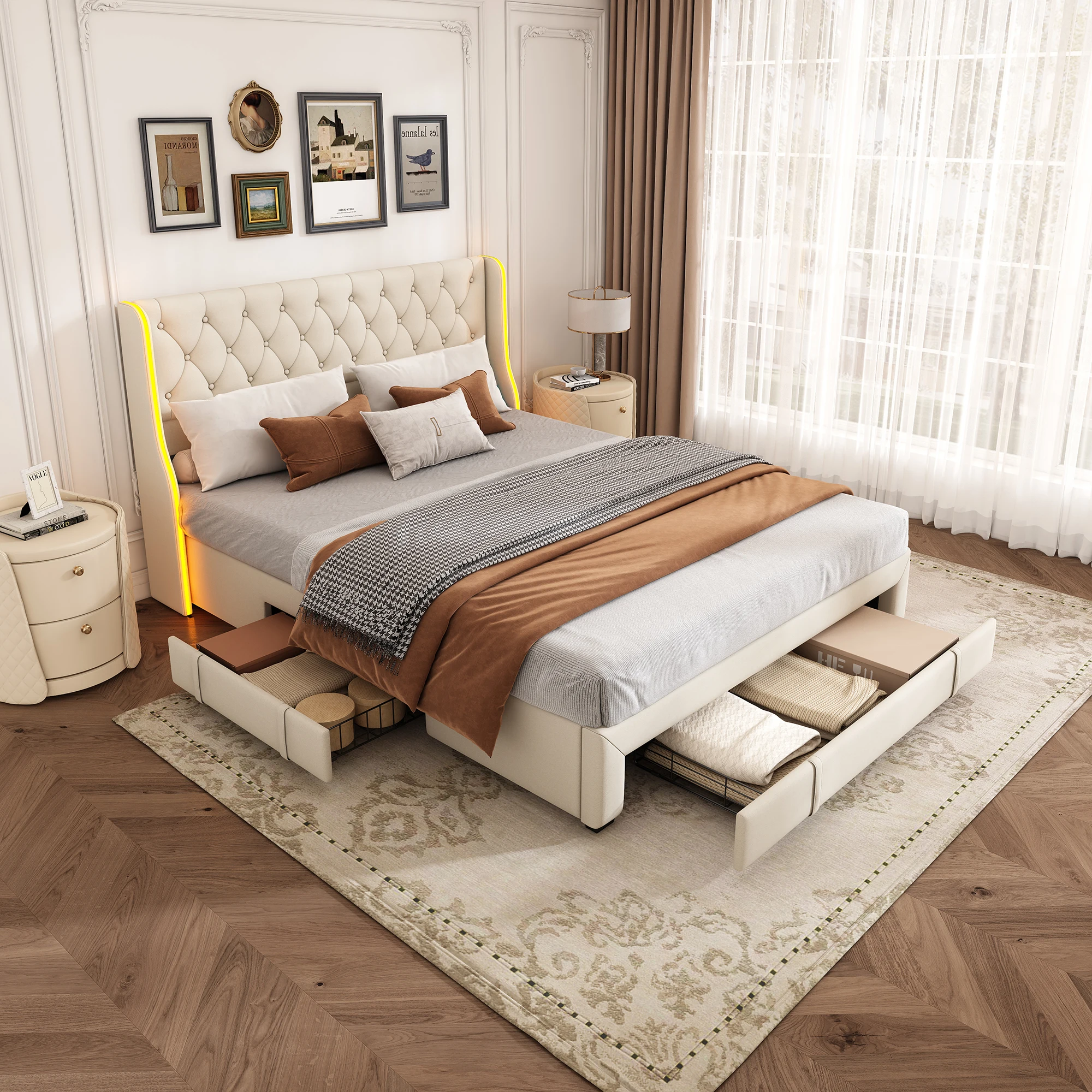 Rosahqnda 3-Schubladen-Kissenbett mit Lattenrost, Bett für Erwachsene, Jugendbett, Doppelbett, gepolstertes Kopfteil aus Samt